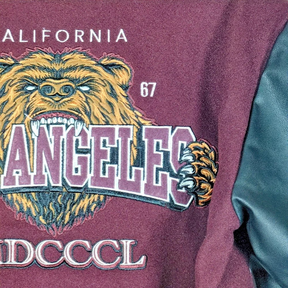 Ring of Fire Boys Varsity Jacket Med Burgundy Black Faux Leather Sleeve CA Bear